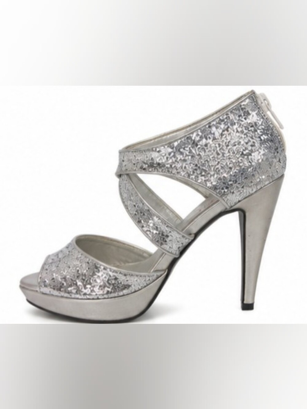 STEPH Silver Glitter Platform High Heel Sandals | Peep Toe | Size 10 | 4.5" Heel